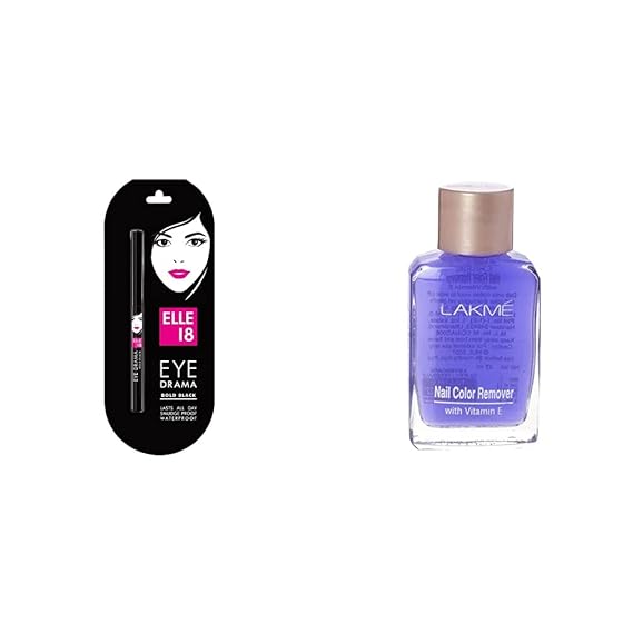 Elle 18 Eye Drama Kajal Pencil, Bold Black, 0.35G And Lakme Nail Color Remover, 27Ml - Matte Finish