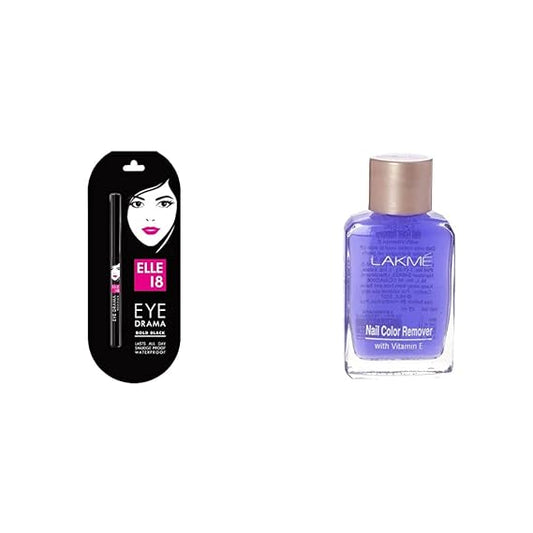 Elle 18 Eye Drama Kajal Pencil, Bold Black, 0.35G And Lakme Nail Color Remover, 27Ml - Matte Finish