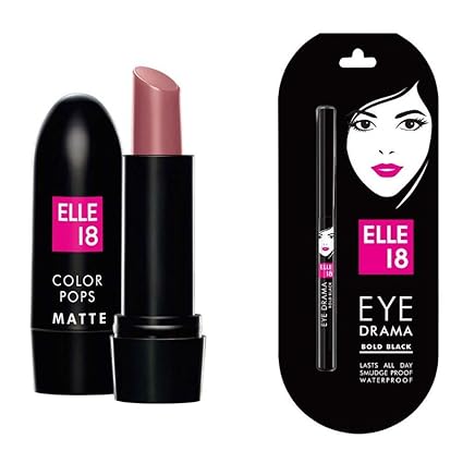 Elle 18 Colors Pop Matte Lip Color, Mauve Dat, 4.3 g and Eye Drama Kajal, Bold Black, 0.35 g Combo