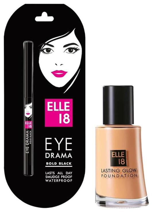 Elle 18 Eye Drama Kajal, Super Black- Smudge-Proof, Waterproof, 0.35 G & Lasting Glow Liquid Foundation, 03 Shell, Shell, 27 Ml, Matte Finish